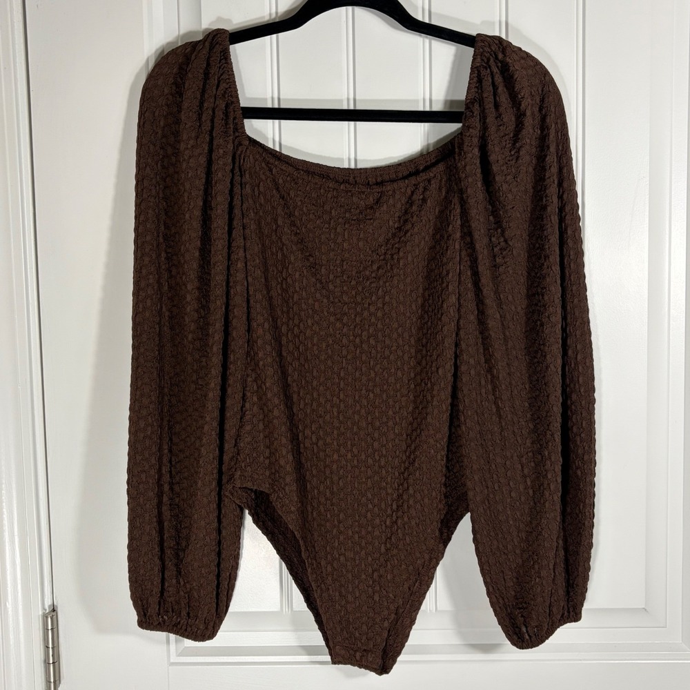SHEIN Brown Popcorn Textured Square Neck Puff Sleeve Bodysuit Size M 6